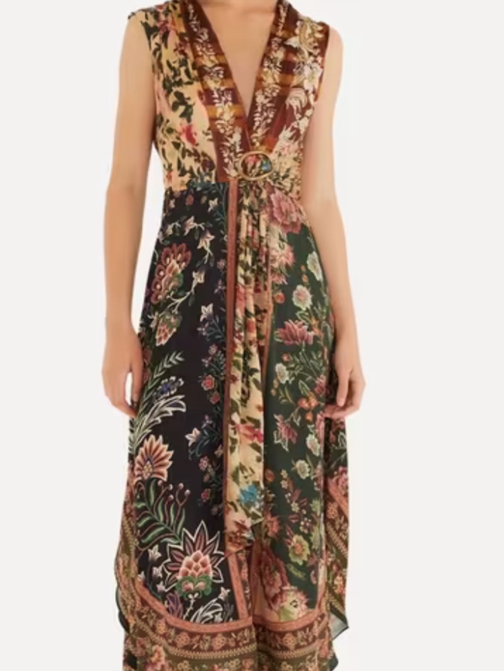 Silky FARM Rio Floral Patchwork Midi Dress in Green, Black and Brown